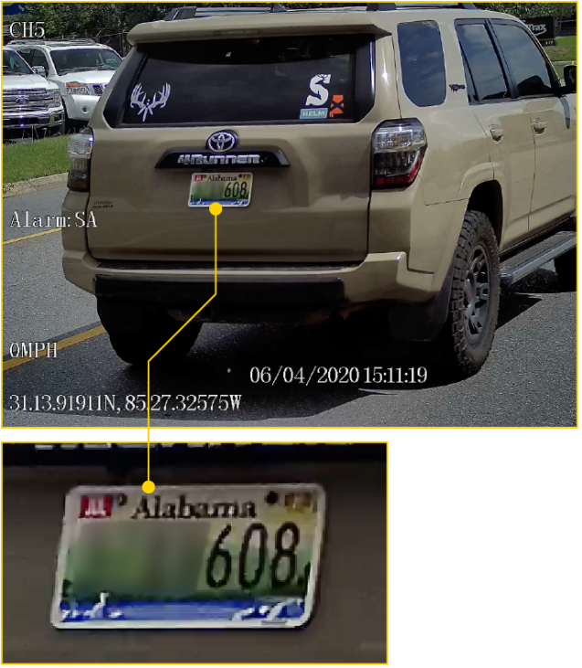 actual snapshot captured by the stop arm camera, highlighting the license plate capture